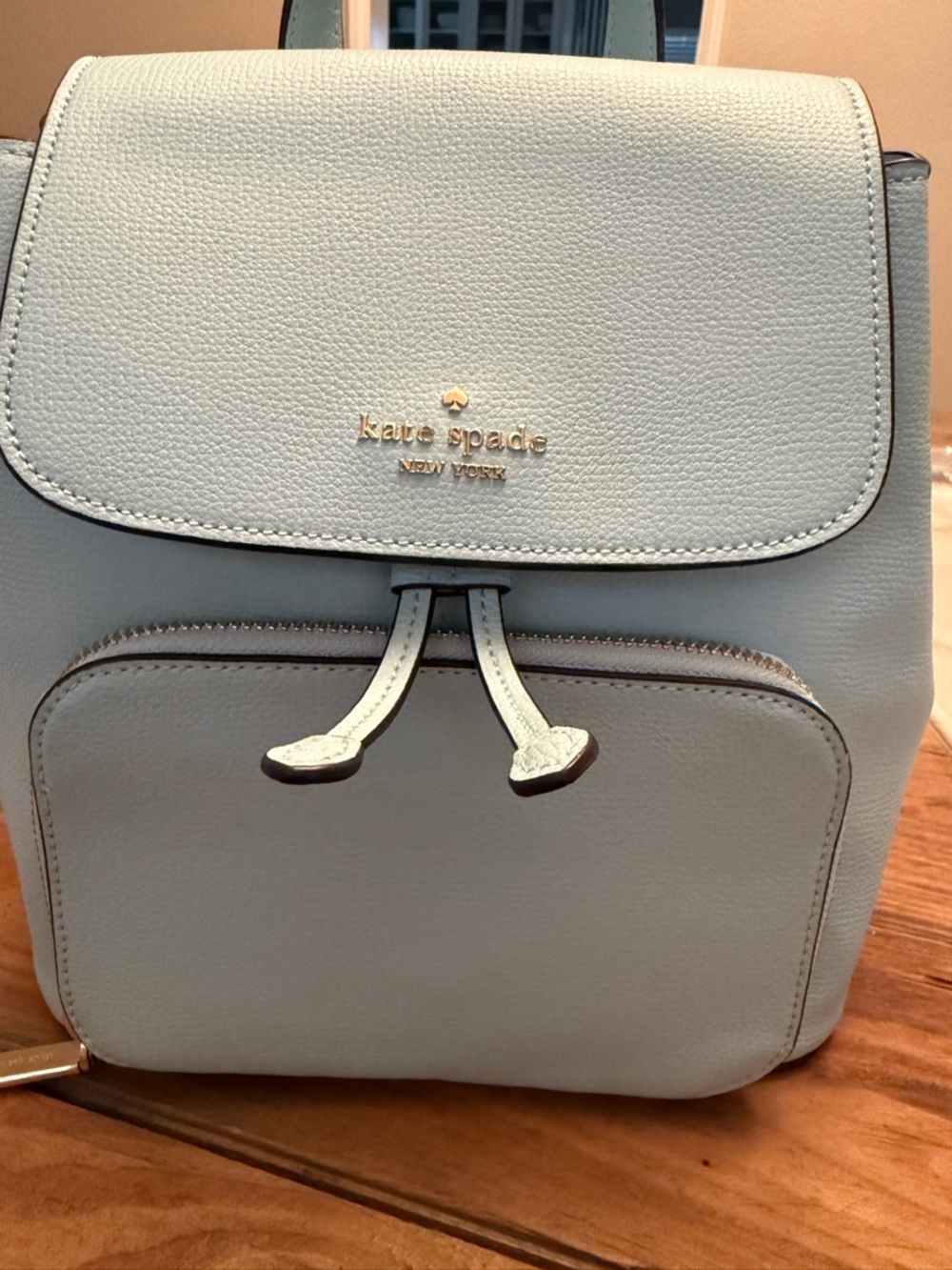 kate spade powder blue leather mini backpack with gold logo
